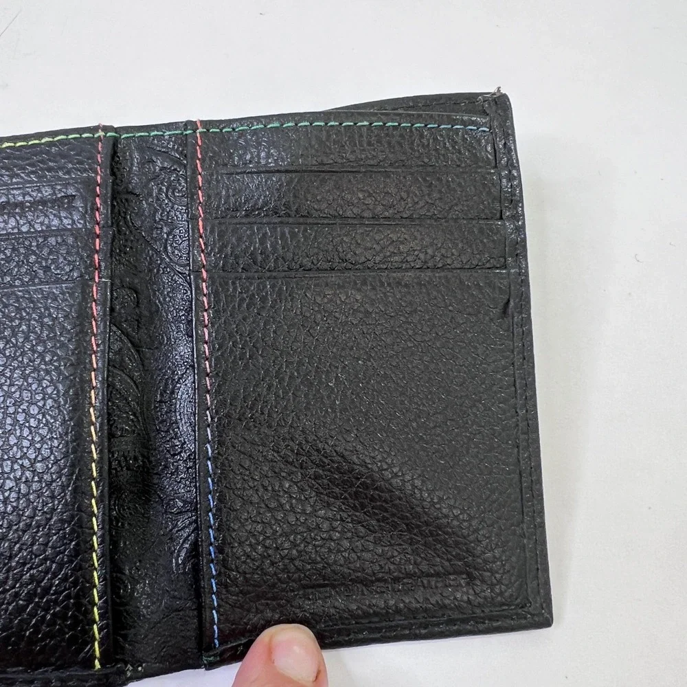 Robert Graham Mens Black Leather Trifold Wallet Multicolor Stitching Paisley